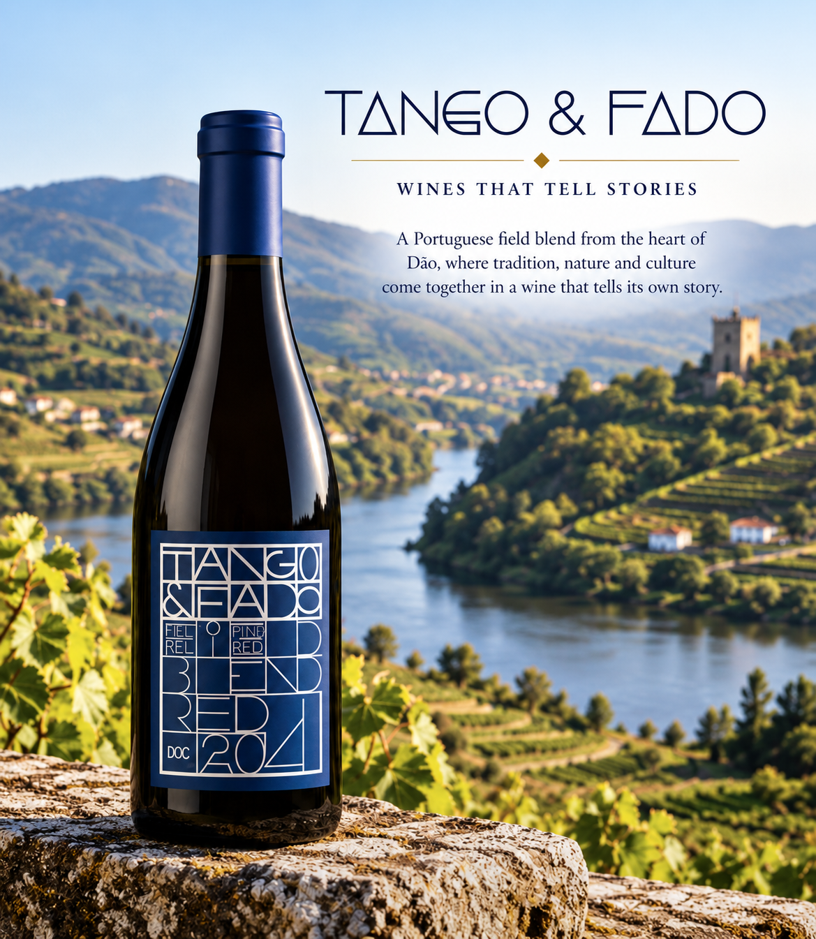 Tango & Fado — Wines that tell stories. A Portuguese field blend from the heart of Dão, where tradition, nature and culture come together in a wine that tells its own story. Bottle overlooking a Portuguese river valley.