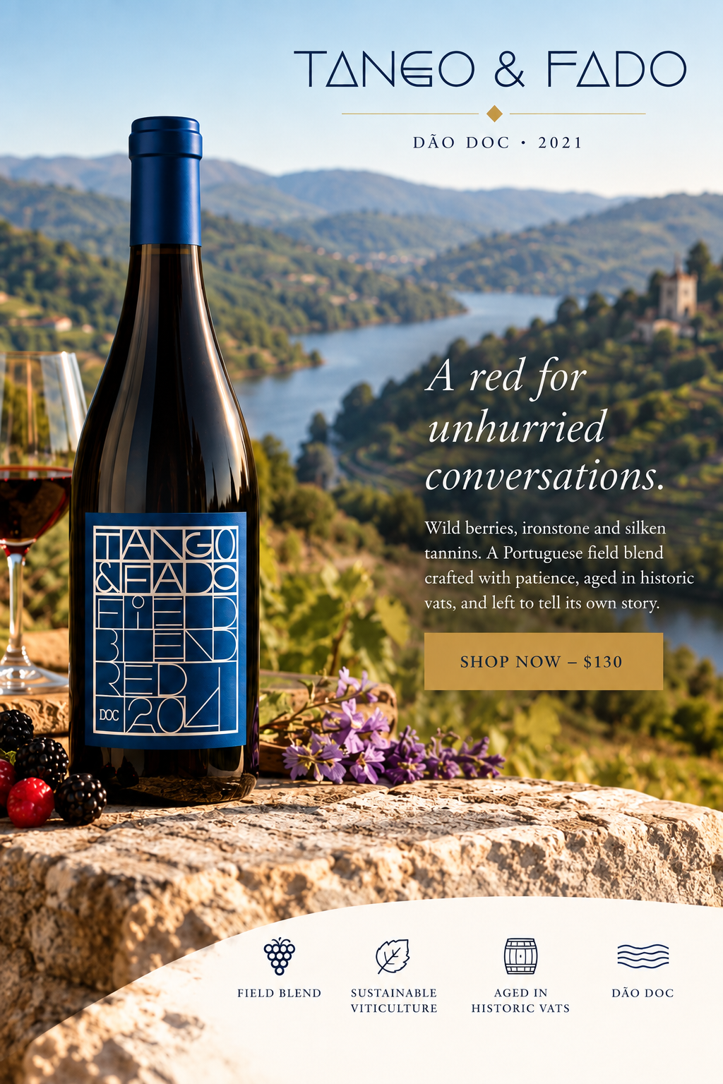 Tango & Fado Dão DOC 2021 — A red for unhurried conversations. Wild berries, ironstone and silken tannins. A Portuguese field blend crafted with patience, aged in historic vats, and left to tell its own story. Shop now — $130.